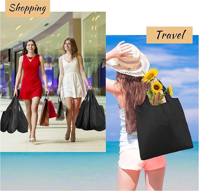 BeeGreen Black Tote Bag Shopping Bags for Groceries & Reusable Grocery Bag Heavy Duty, Large Tote Bag for Women, Foldable 6 Pack Gift Bags With Handles, Cute Cloth Washable for Holiday Travel & Bulk