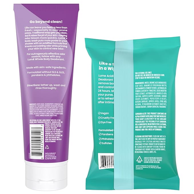 Lume Acidified Body Wash & Flushable Deodorant Wipes - 24 Hour Odor Control - Hydrating Wash - Without SLS or Parabens - OB/GYN Developed - 8.5 ounce (Lavender Sage) 15 Count Wipes (Cucumber)