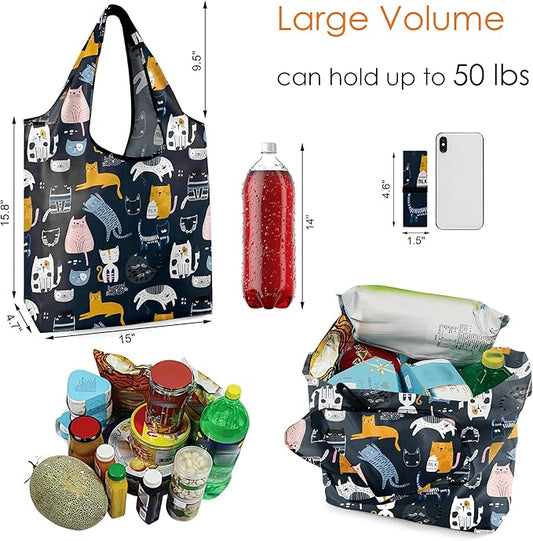 BeeGreen 6 Pack Cats Reusable Grocery Bags Gifts for Cat Lovers with Elastic Band Reusable Shopping Bags Bulk 50LBS X-Large Foldable-Machine Washable-Heavy Duty