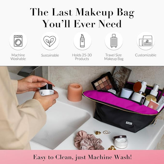 KUSSHI Washable Travel Makeup & Cosmetic Bag - Brush Organizer Sold Separately (Vacationer, Satin Black/Pink)