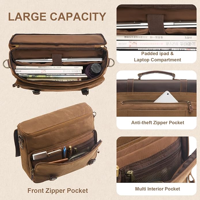 Mens Messenger Bag Waxed Canvas Laptop Briefcase 15.6“ Vintage Genuine Leather Crossbody Bags Waterproof Satchel Shoulder Bag