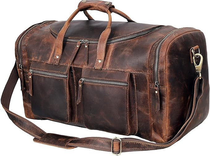 28" Vintage Duffel Classic Style with Modern Outlook Retro Thick Full Grain Cowhide Handmade Airplane Underseat Carry On Bags Leather Gym Overnight Luggage Bag (24 inch)