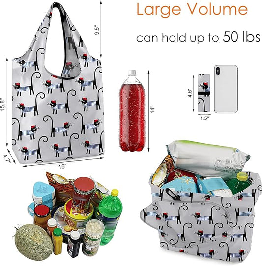 BeeGreen Gifts for Cat Lovers 6 Pack Cats Reusable Grocery Bags with Elastic Band Reusable Shopping Bags Bulk 50LBS X-Large Foldable-Machine Washable-Heavy Duty Kitten Bags