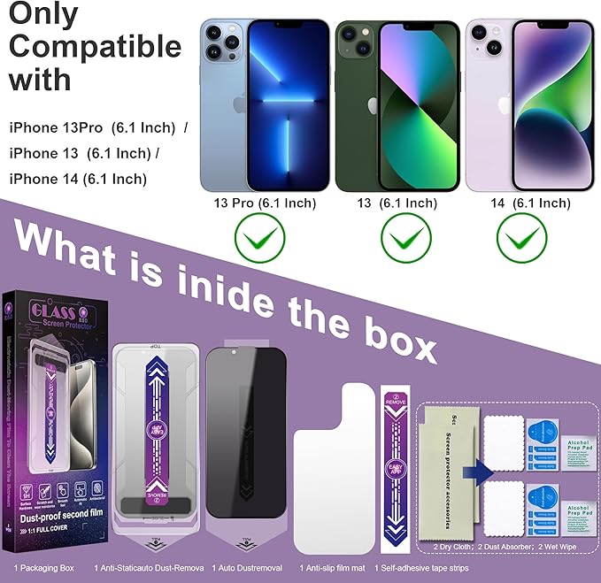 2 Pack Privacy Screen Protector for iPhone 16e/iPhone 14/iPhone 13 Pro/iPhone 13, 9H Tempered Glass, Full Coverage, Anti-Fingerprint, Auto Dust-Elimination, No Bubble, Easy Installation