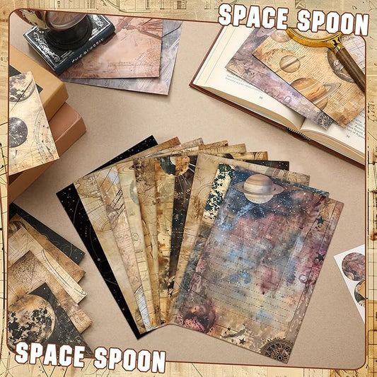TaoBary 160 Pcs Stationery Paper Set 50 Double Sided Stationery Papers with 50 Matching Envelopes and 60 Round Dot Sticker, 10 Design(Space Spoon,5.5 x 8.25 Inch)