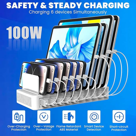 Charging Station for Multiple Devices, 100W 10 Ports Flat Plug Charging Dock with 10 Cables Smart IC Tech and Adjustable Dividers Type-C,Multi USB Charger for iPhone Galaxy iPad Tablet,White