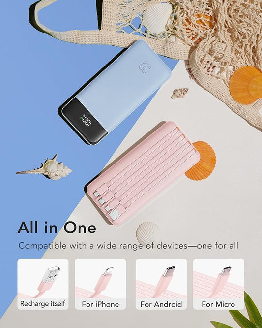 charmast 20000mAh Portable Charger with Built in Cables, 22.5W Travel Power Bank Fast Charging, USB C Cell Phone Battery Pack for iPhone 16/15/14/13/12/11 Series, iPad, Samsung, Android, Tablet