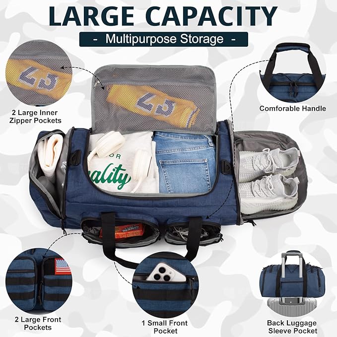 Tactical Gym Bag for Men,50L Large 3 in 1 Sports Duffle Bag with Shoes Compartment for Travel,Water Resistant Travel Backpack Weekender Overnight Bag with Wet Pocket for Women