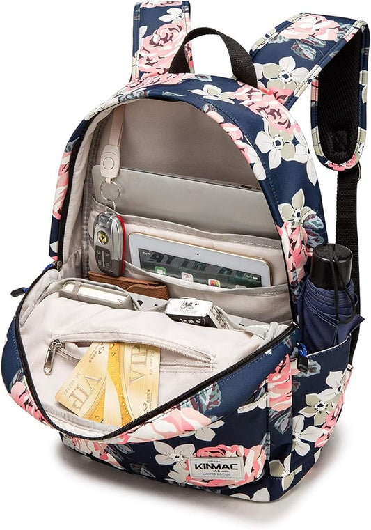 Kinmac Waterproof Laptop Travel Outdoor Backpack with USB Charging Port for 13 inch 14 inch and 15.6 inch Laptop(White Rose)