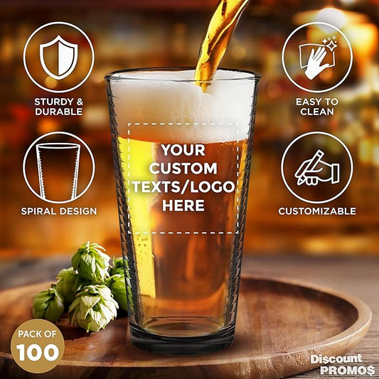 Custom Spiral Pint Glass 16 oz. Set of 100, Personalized Bulk Pack - Beer Glasses, Heavy Duty Drinkware - Black