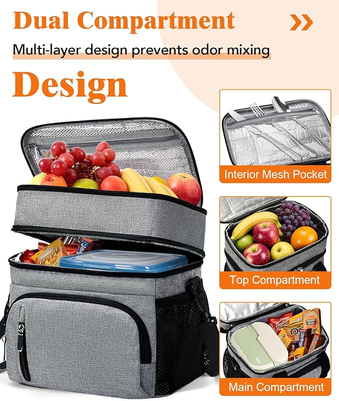 Lunch Box for Men, Double Insulated Lunch Bag Reusable Leakproof Cooler Bag Portable Picnic Food Bag, Adult Lunch Tote Lunch Bag for Work, Construction Worker, Truck Driver,Beach-Grey