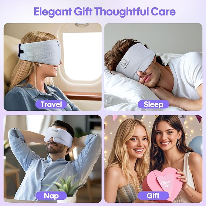MUSICOZY Ice Silk Sleep Headphones with Bluetooth Mask, Eye Mask for Sleeping in Total Darkness, 5.4 Bluetooth Sleep Mask Sleep Headphones, Soft, Gifts for Men Women (Purple)