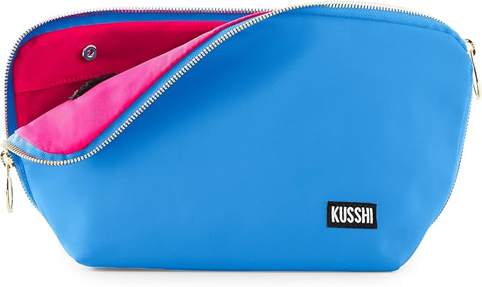 KUSSHI Washable Travel Makeup & Cosmetic Bag - Brush Organizer Sold Separately (Signature, Light Blue/Neon Pink)