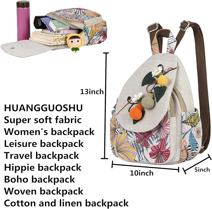 HUANGGUOSHU Women Cotton Woven Bohemian Hemp Boho Canvas Embroidery Multi Pocket Retro Cute Backpack Wallet Backpack(Avocado)