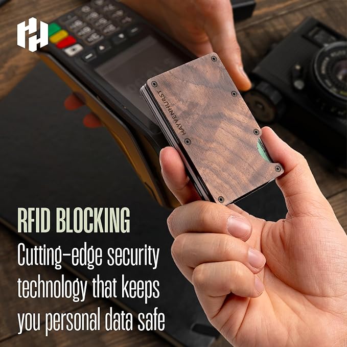 Hayvenhurst Wallet For Men - Reinvented Design Men's Wallet - Slim, Minimalistic & Seamless Card Case, Blocks RFID Scanners, Holds 12 Cards (Walnut Wood)