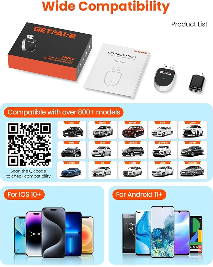 Mini 2-in-1 Wireless CarPlay & Android Auto Adapter GETPAIRR Mini 2, Dual WiFi 6 /Bluetooth 5.4, Auto-Reconnect, Stable Control and No Delay, Easy Setup for 98% OEM Wired Cars (2025 Upgrade)