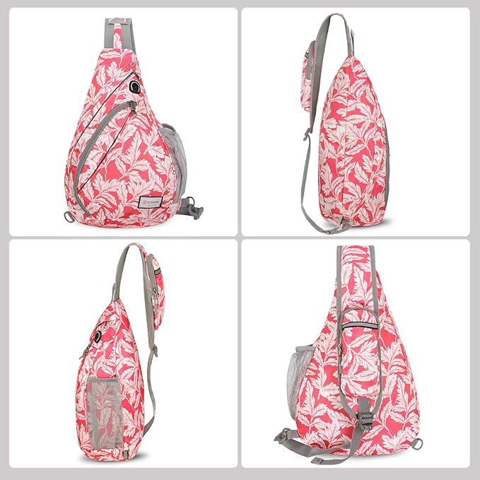 ZOMAKE Sling Bag,Small Crossbody Sling Backpack,Water Resistant Shoulder Daypack for Travel,Anti Thief Chest Bag for Hiking(Fushcia White Leaf)