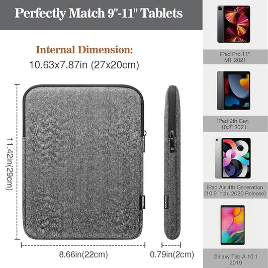 MoKo 9-11 Inch Tablet Sleeve Bag Carrying Case Fits iPad air 5 10.9" 2022, iPad Pro 11 M2 2022-2018, iPad 10th 10.9,iPad 9/8/7th Gen 10.2,iPad Air 4 10.9/Air 3 10.5,Tab S8/S9 11", Black & Gray