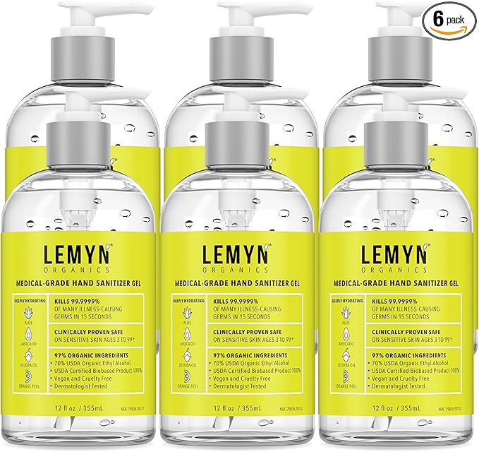 Medical‑Grade Hand Sanitizer Gel – 97 % Organic | 70 % USP Ethyl Alcohol | Moisturizing Aloe + Hyaluronic Acid | Freshly Made in USA | 12oz Bottle with Pump (PACK OF 6)