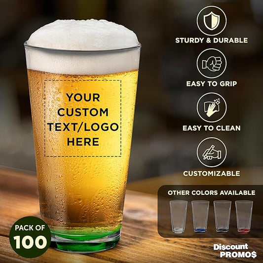 Custom Casale Pint Glass 16 oz. Set of 100, Personalized Bulk Pack - Beer Glasses, Heavy Duty Drinkware - Green