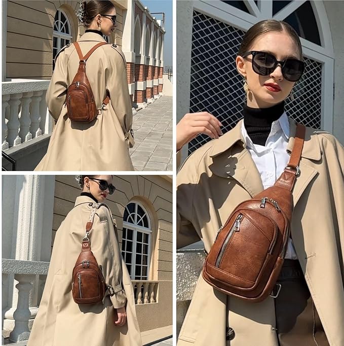 Sling Bag Crossbody Backpack - 2 in 1 Leather Cross Body Bag Fanny Pack with 2 Removable Straps