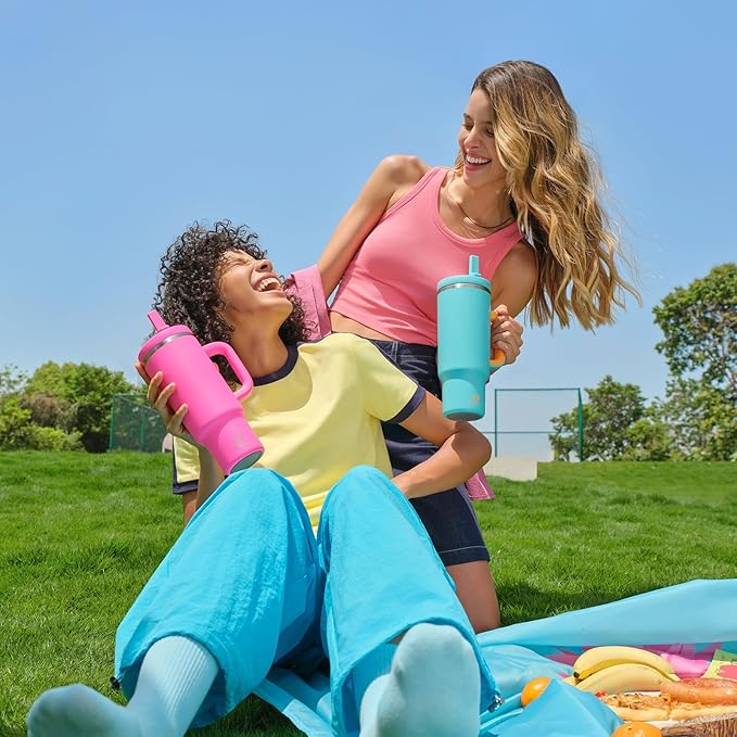 40 oz Tumbler with Handle and Straw: Stainless Steel Insulated Tumbler Keeps Cold for 24 Hours, Leakproof Travel Cup Fits in Cup Holder and BPA-Free, Persian Rose