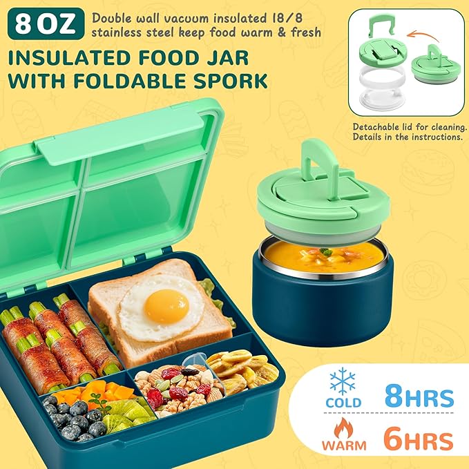 MAXSO Bento Lunch Box Set with 8 oz Soup Thermo, Kids Leakproof 4 Compartments Hot Food Container with Sauce Cup, Ice Pack and Lunch Bag, Child Insulated Food Jar for School - Green