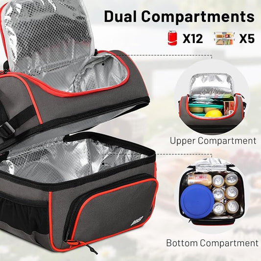 MIER 2 Compartment Lunch Bag Tote with Shoulder Strap for Men and Women Insulated Leakproof Cooler Bag, Grey/Orange