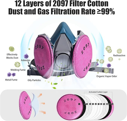 Reusable Painting Respirator Mask with 4 Pieces 2097 Filters - Half Face Gas Mask for Chemicals Spray Welding Epoxy Resin Dust Woodworking 6200 Blue