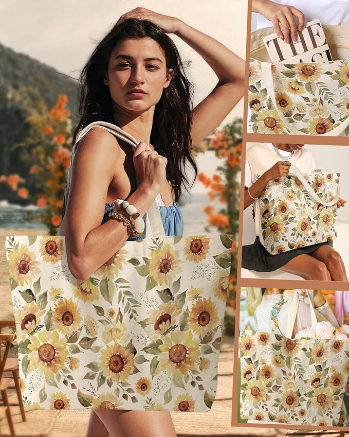 Large Tote Bag for Women - Canvas Tote Bag with Zipper Aesthetic Reusable Shoulder Bag for Gym, Travel, Work