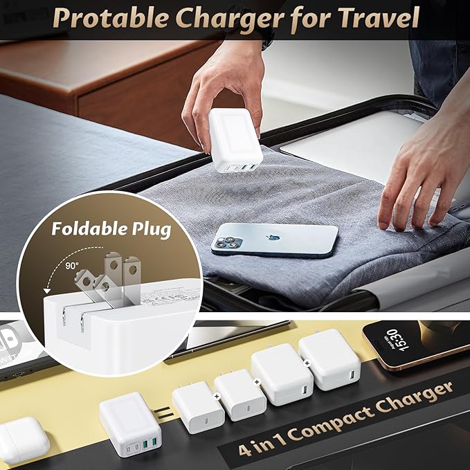 40W Flat USB C Wall Charger Foldable & Slim Fast Charging Block 4Port USB C Charger Block Cube Box Compatible with iPhone16/15 Samsung S23, Pixel, Tablets, Multiport Power Adapter Plug Brick