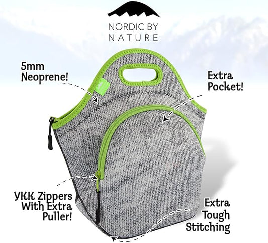 Nordic By Nature Insulated Neoprene Lunch Bag, Soft & Foldable Washable & Reusable Extra-Pocket (L) Gray Melange