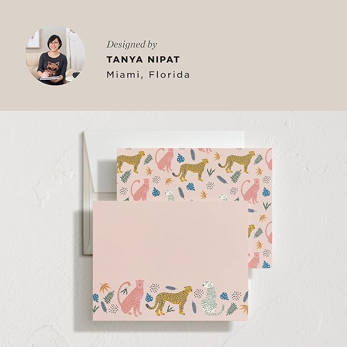 Minted Sweet Tropical Stationery Set, Set of 10, Flat Note Cards & Envelopes for Invitiations and Handwritten Thank You Messages, Jungle Cats & Foliage Design, Gifts for Teachers, Luxurious Paper