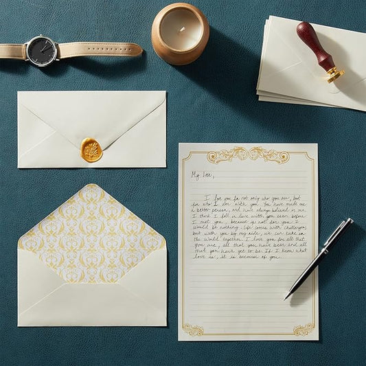 Paper Junkie Letter Paper & Envelopes Set - 60 Sheets (7.2 x 10.2 In) & 30 Ivory Envelopes (4 x 7.7 in), Gold Border, 100 GSM - Vintage Lined Stationery for Love Letters & Invitations
