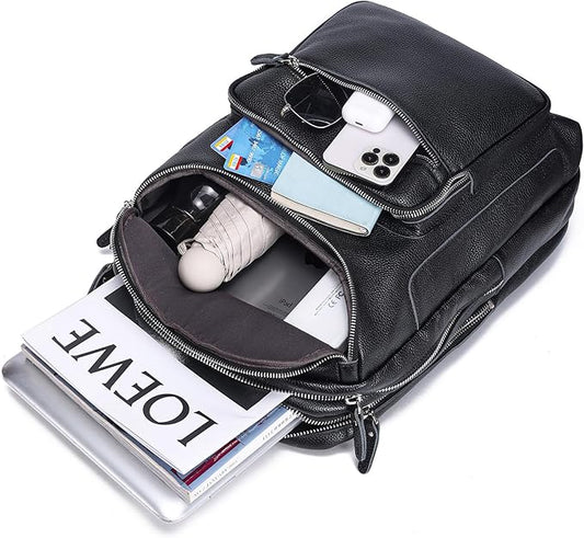 LANNSYNE Leather Backpack For Men, 15.6" Leather Laptop Backpack Hiking Travel Bag Camping Rucksack