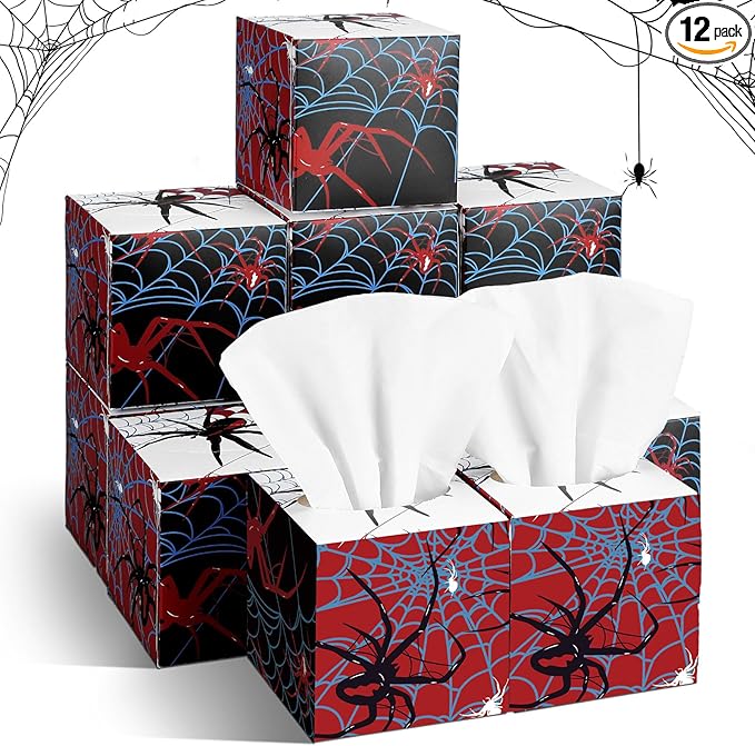 12 Pack Spider Facial Tissues Cube Face Boxes 600 Sheets 3 Ply Small Spiderweb Square Tissues Bulk for Spider Birthday Party Decorations