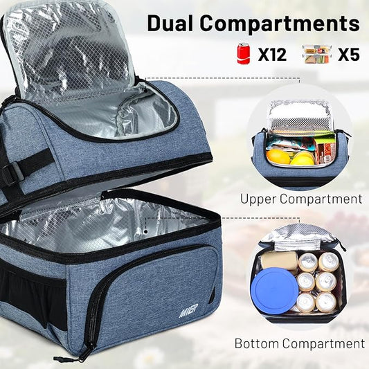 MIER Dual Compartment Lunch Bag Tote with Shoulder Strap for Men and Women Insulated Leakproof Cooler Bag, Bluesteel
