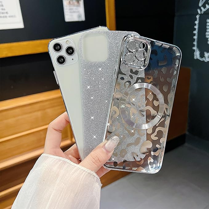 for iPhone 11 Pro Case Magnetic,Soft Cute Luxury Leopard Cheetah Pattern Plating Glitter Bling Phone Case Compatible with MagSafe Clear Shockproof Back Cover for Women Girl 5.8"-Silver