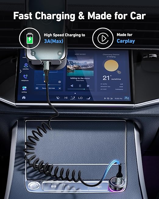 USB C Cable Coiled 6FT 2Pack, Braided USB A to Type C Charger Cable for Car 66W Fast Charging Cord Compatible with iPhone 17 16 15, iPad, Samsung Galaxy, Google Pixel, Moto, TCL, LG Phones