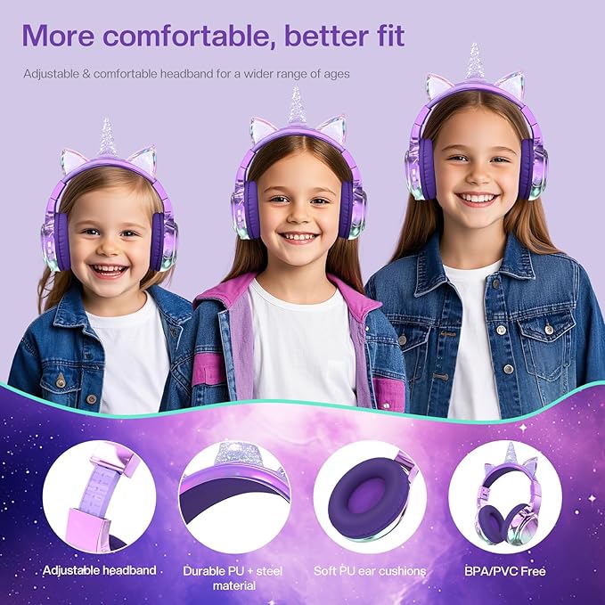 QearFun Kids Unicorn Bluetooth Headphones, 60H Playtime, 74/85/94dB Safe Volume Limit, Metallic Gradient Wireless Headset with Mic, Fast Charging, Foldable, Wired Mode for Girls School/Tablet/Travel
