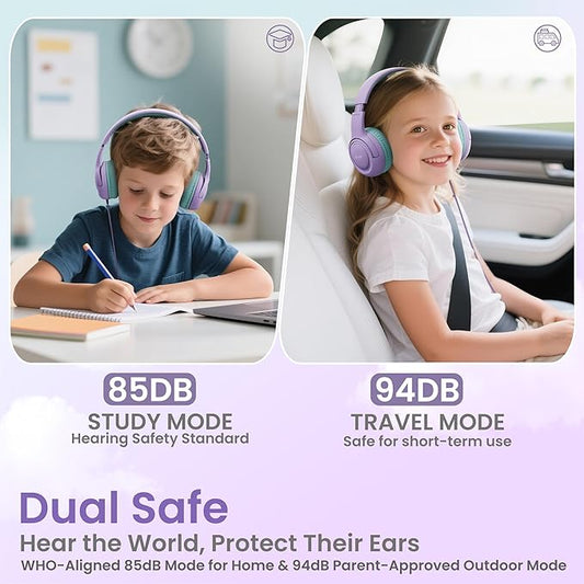 Kids Headphones with Cord for School - Over-Ear 85/94dB Volume Limiter, 3.5mm Jack Foldable Stereo Sound Headset for Toddlers Girls Boy Travel Learning Entertainment Tablet Kindle iPad PC Purple Green