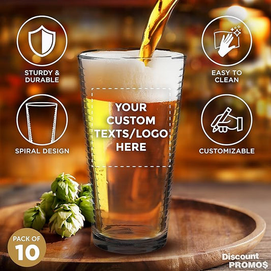 Custom Spiral Pint Glass 16 oz. Set of 10, Personalized Bulk Pack - Beer Glasses, Heavy Duty Drinkware - Clear