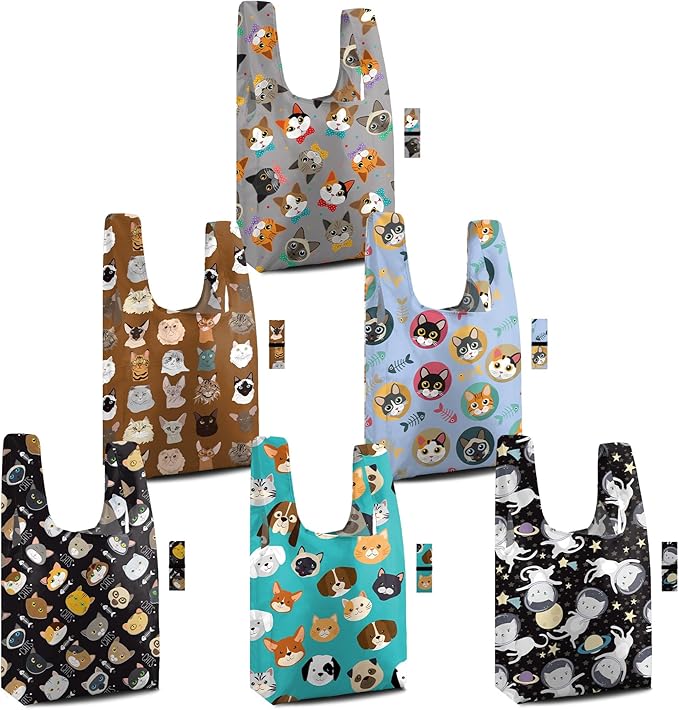 BeeGreen Reusable Grocery Bags 6 Pack - Foldable, Heavy Duty Shopping Tote Bags with Zipper Pouch, Large Capacity (50+ Lbs), Animal Prints Designs for Women & Men, Machine Washable