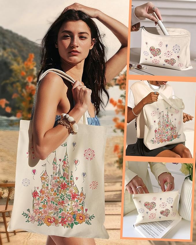 2 Pack Canvas Tote Bag - with Makeup Pouch Aesthetic Cute Women Reusable Canvas Bag for Shopping, Work, Travel