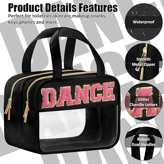 Dance Chenille Letter Bags Clear Makeup Bag for Travel, Dance Gift Cosmetic Pouch with Handles and Zipper, Nylon & PVC Waterproof Large Dance Accessories Toiletry Purse Storage Bag for Women