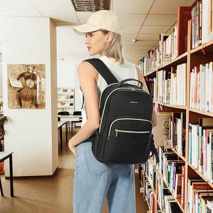 LOVEVOOK Laptop Backpack for Women, Stylish Quilted Backpacks Purse for Business Work Travel, Computer Bags Bag, with USB Port fits 15.6-inch Laptop, Black