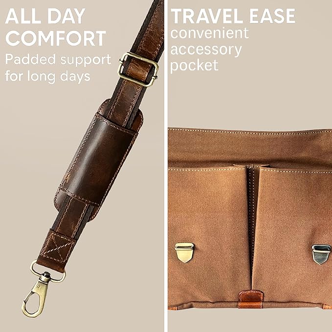 RUSTIC TOWN Leather Canvas Messenger Bag for Men Women - Vintage Laptop Satchel Leather Briefcase (14 Inch, Olive Green)