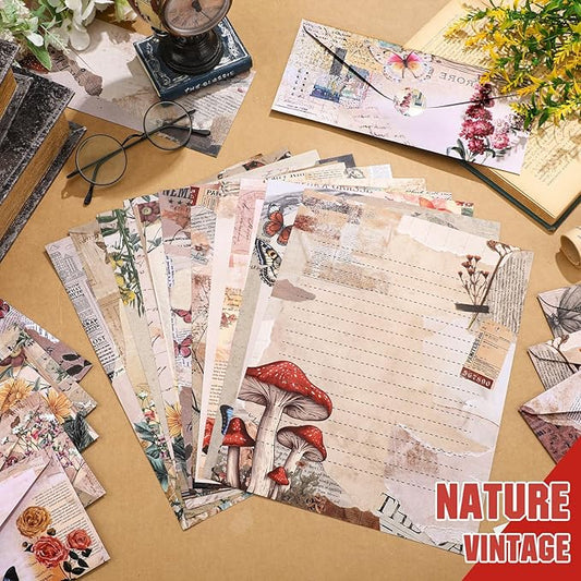TaoBary 160 Pcs Stationery Paper Set 50 Double Sided Stationery Papers with 50 Matching Envelopes and 60 Round Dot Sticker, 10 Design(Nature Vintage Style,8.5 x 11 Inch)