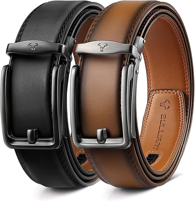 BULLIANT Men Ratchet Belt 2 Pack, Click Sliding Leather Belt Adjustable for Gift Men Dress Casual Jeans 1 3/8,Cut for Fit