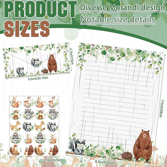 TaoBary 160 Pcs Stationery Paper Set 50 Double Sided Stationery Papers with 50 Matching Envelopes and 60 Round Dot Sticker, 10 Design(Woodland Animal,8.5 x 11 Inch)